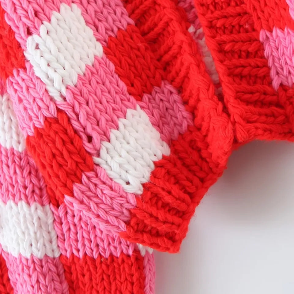 3D Red & White Crochet Cardigan with Yellow Bow