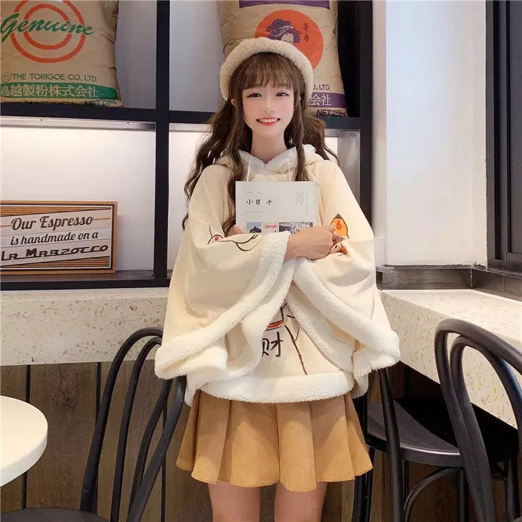 Cute Lucky Cat Ears Cloak Hoodie Pullover Sweatshirt Autumn Winter Aesthetic Casual E-Girl Kawaii Korean Japanese Harajuku
