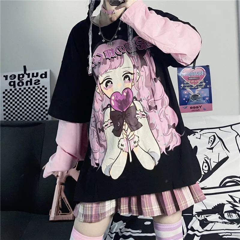 Cute Aesthetic Black Anime Girl Cartoon Print Short Sleeve Shirt Oversized Loose T-shirt Top Goth E-Girl Kawaii Korean Japanese Harajuku Streetwear