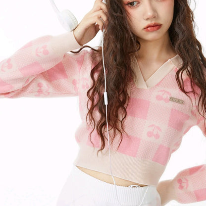 Cherry Plaid Polo Collar Sweater