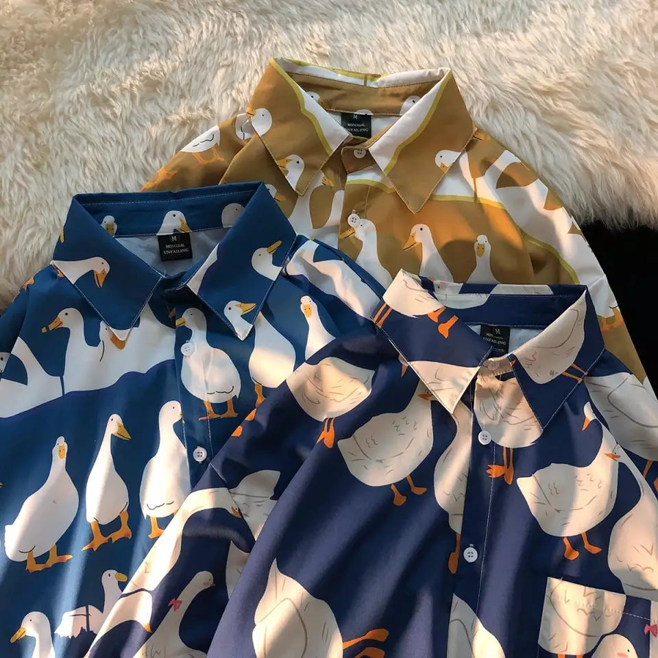 Funny Unisex Duck Cartoon Print Hawaii Beach Oversize Short Sleeve Shirt Botton Up Aesthetic Casual Summer E-Girl Kawaii Korean Japanese Harajuku