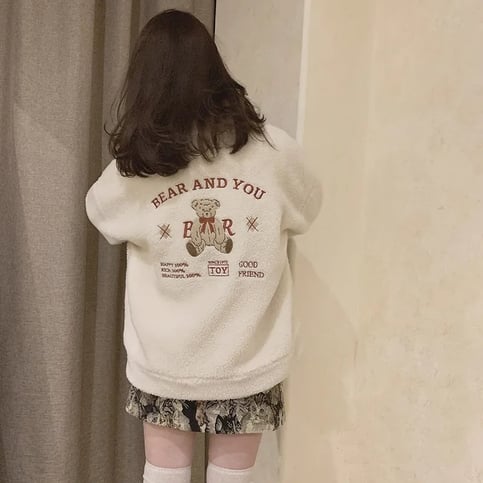 Fluffy Fleece Bear Embroidery Loose Zipper Jacket