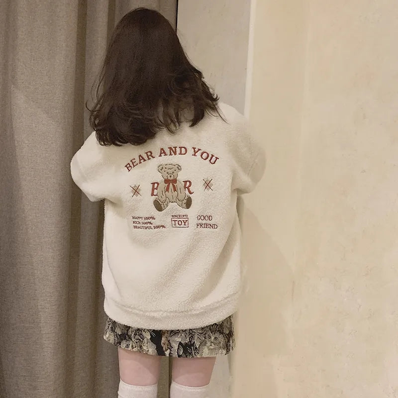 Fluffy Fleece Bear Embroidery Loose Zipper Jacket