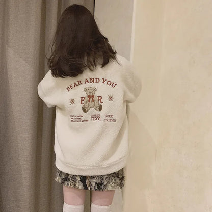 Fluffy Fleece Bear Embroidery Loose Zipper Jacket