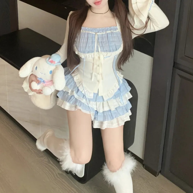 2PCS Blue Japanese Blouse + Vintage Mini Skirt
