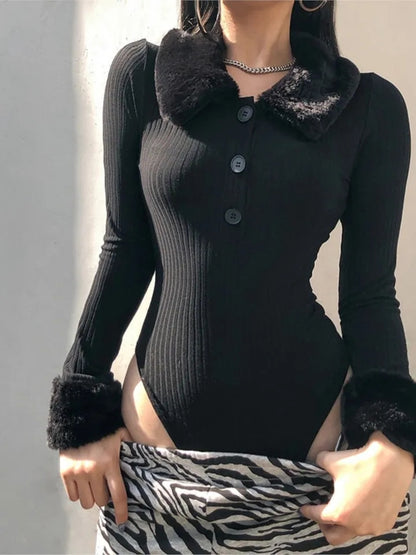 Black Faux Fur V Neck Bodycon Sweater