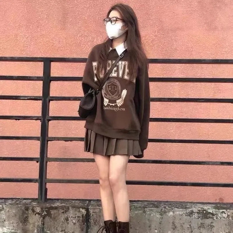 Brown Letter Oversized Long Sleeve Sweater