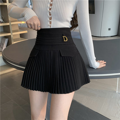 White Pleated D Metal Plate High Waist Mini Skirt