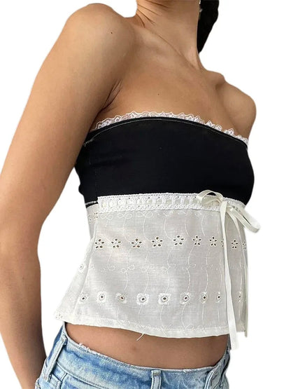 Off Shoulder Lace Trim Patchwork Top