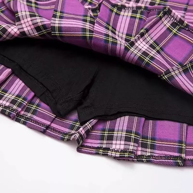Purple Plaid Spring Summer High Waisted Pleated Skirt School Girl Skater Bottoms E-Girl Kawaii Korean Japanese Harajuku Streetwear