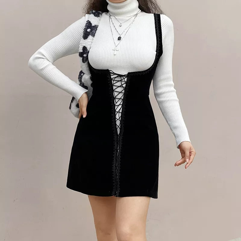 Sweet Velvet Corset Tie Up Mini Dress Summer Aesthetic Casual E-Girl Kawaii Korean Japanese Harajuku