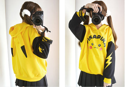 Cute Yellow Pikachu Anime Cartoon Long Ears Oversized Casual Hoodie Sweater Sweatshirt Pullover E-Girl Kawaii Korean Japanese Harajuku Streetwear