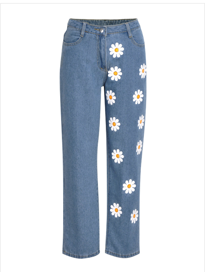 Cute Flower Daisy Denim Chic High Waisted Vintage Jean Pants Trouser E-Girl Kawaii Korean Japanese Harajuku Chinese Retro Streetwear Aesthetic