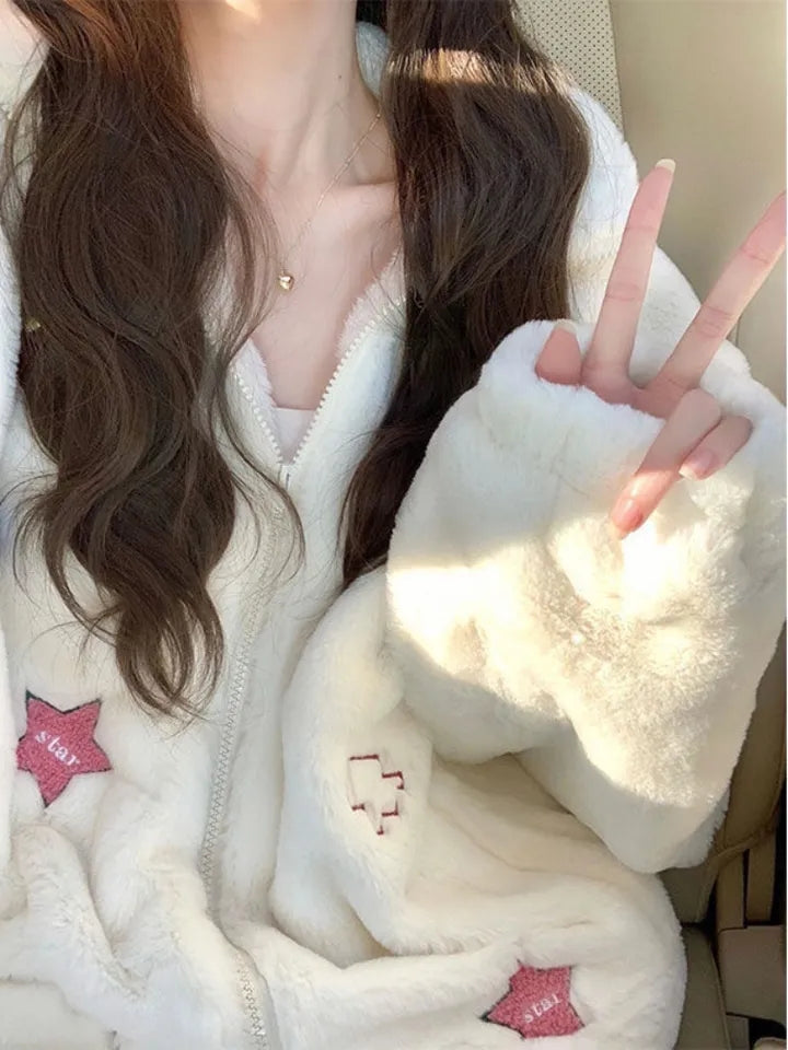 White Embroidery Zip Up Fluffy Fleece Jacket