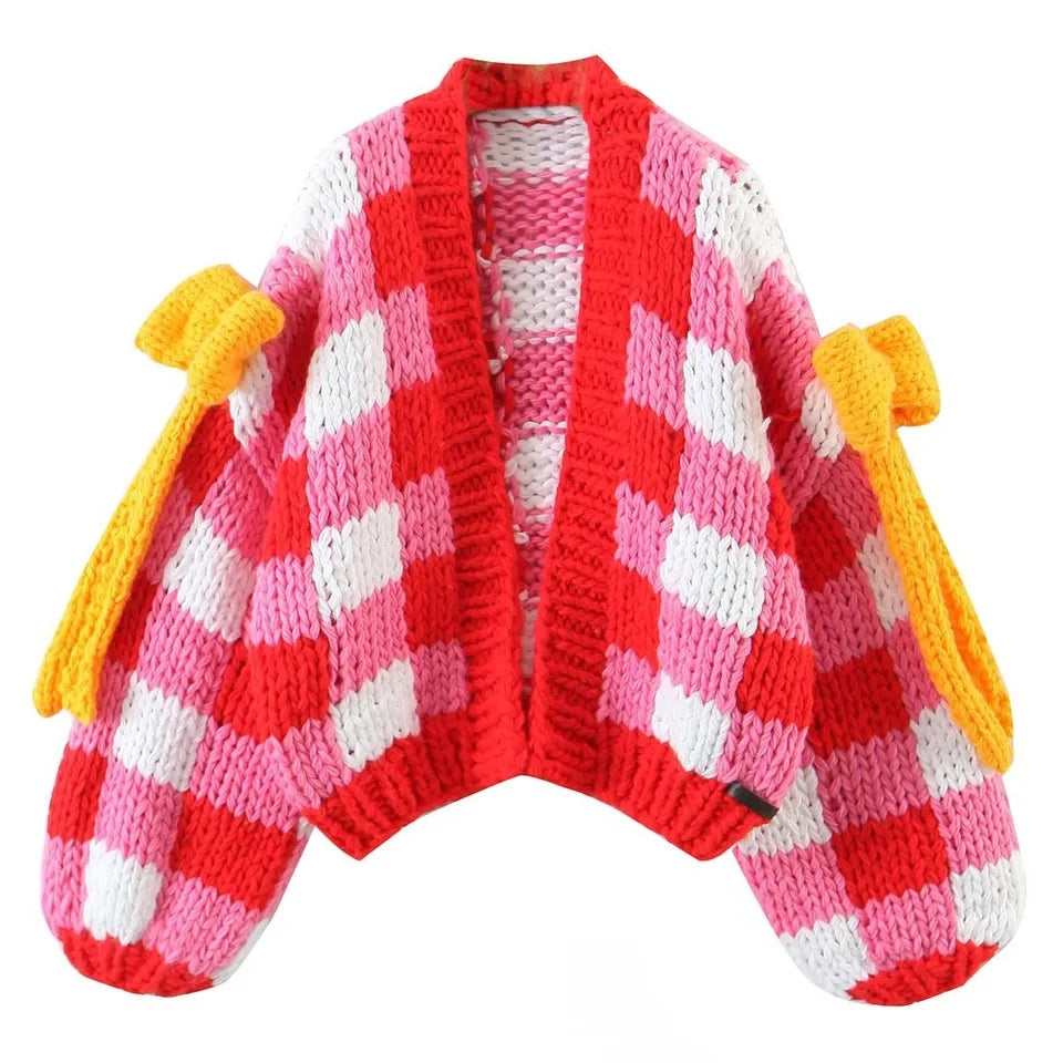 3D Red & White Crochet Cardigan with Yellow Bow