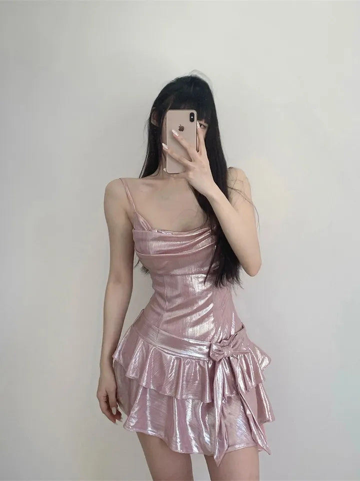 Pink Sequin Ruffle Asymmetrical Mini Dress