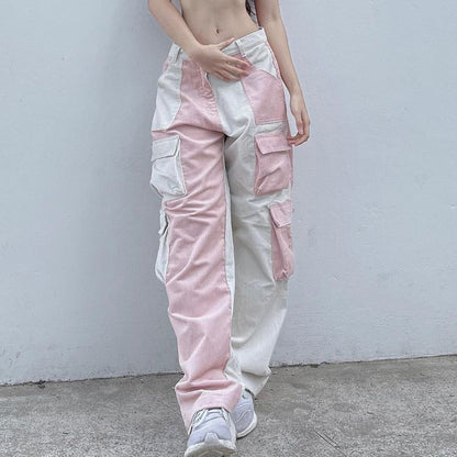 Pink Contrast Patchwork Cargo Pants