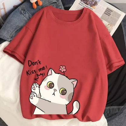 Cute Cat Kitten Don't Kiss Me Graphic Cartoon Print Loose Short Sleeve T-shirt Aesthetic Casual Summer E-Girl Kawaii Korean Japanese Harajuku