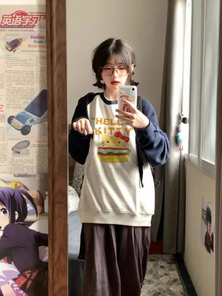 Cat Anime Burger Patchwork Hoodie