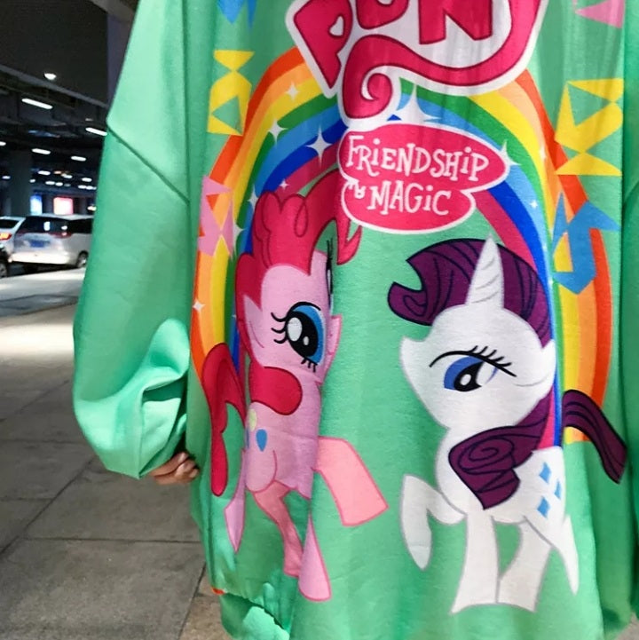 Cute Rainbow Colorful Pony Cartoon Print Oversized Sweatshirt Long Sleeve Shirt Pullover Aesthetic Casual E-Girl Kawaii Korean Japanese Harajuku