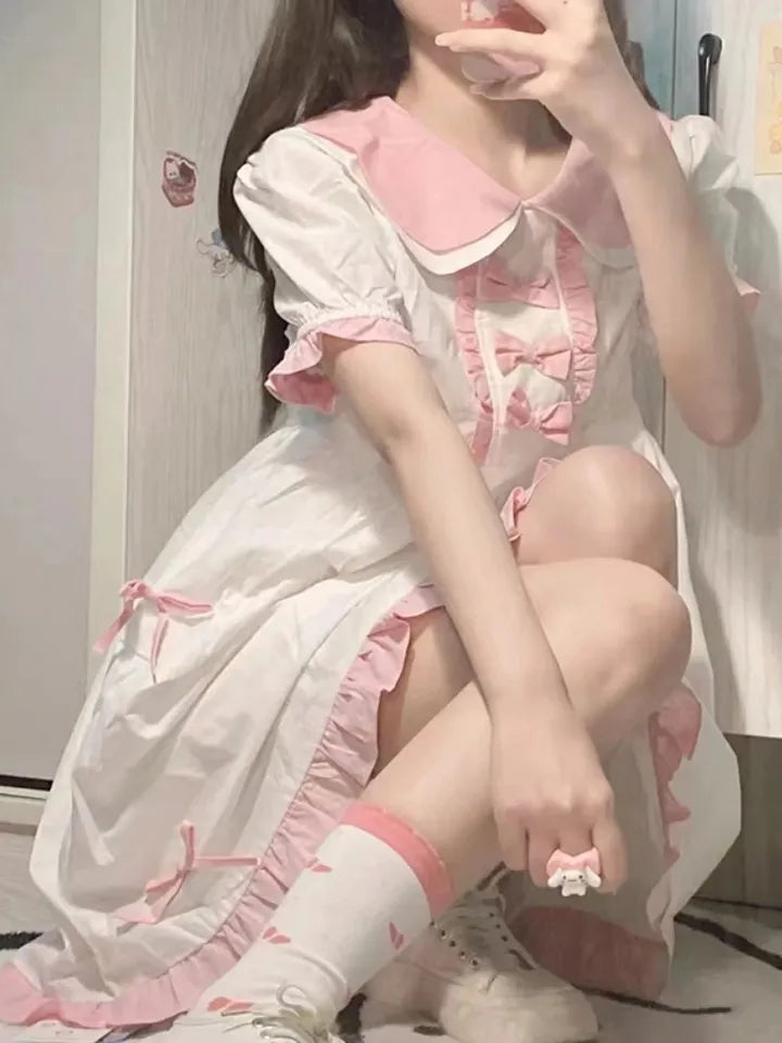 Sweet Pink Bow Short Sleeve Dress