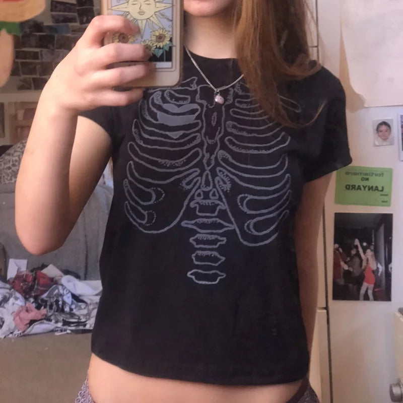 Cute 90s Vintage Skull Bone Ribs Short Sleeve Tee Crop Top Basic Casual Punk Goth Summer E-Girl Kawaii Korean Japanese Harajuku Streetwear
