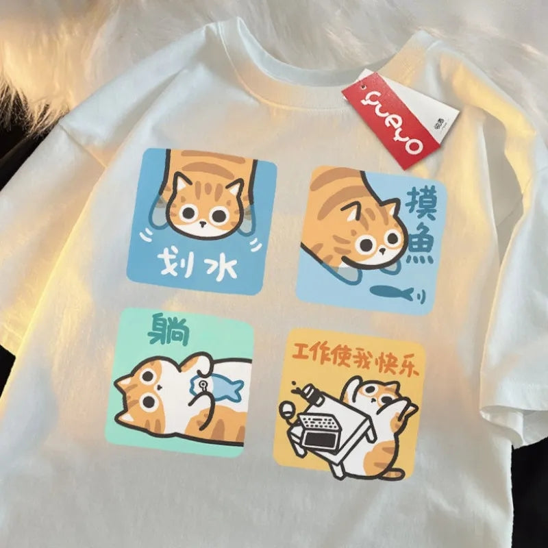 Orange Cat Print Short Sleeve T-shirt