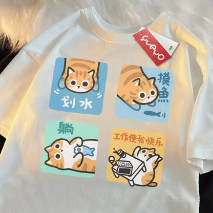 Orange Cat Print Short Sleeve T-shirt