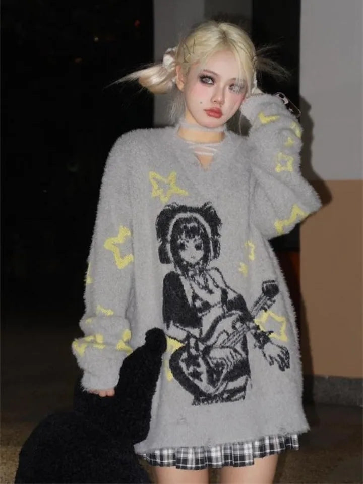 Grey Anime Girl Oversized Sweater