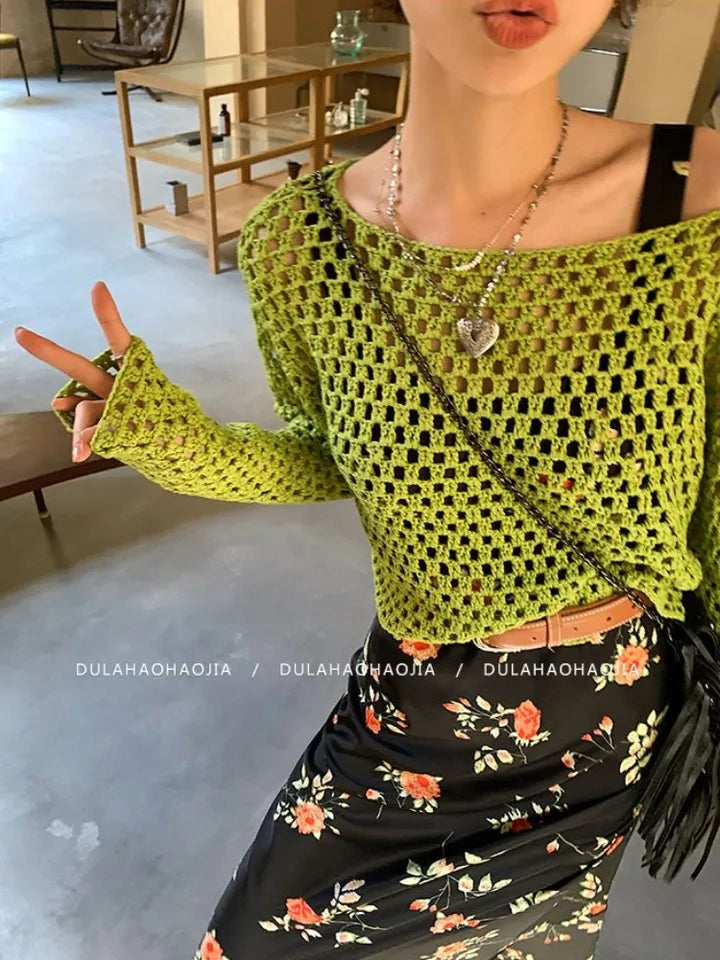 Green Hollow Out Oversized Smock