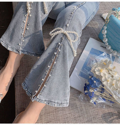 Chic Pearl Bowknot Bead High Waist Jeans