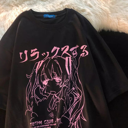 Cute Sad Anime Girl Cartoon Print Short Sleeve T-shirt Loose Punk Goth Aesthetic Casual Summer E-Girl Kawaii Korean Japanese Harajuku