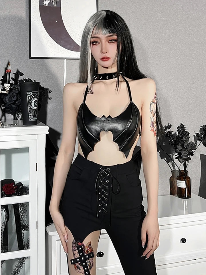 Black PU Leather Bat Crop Top