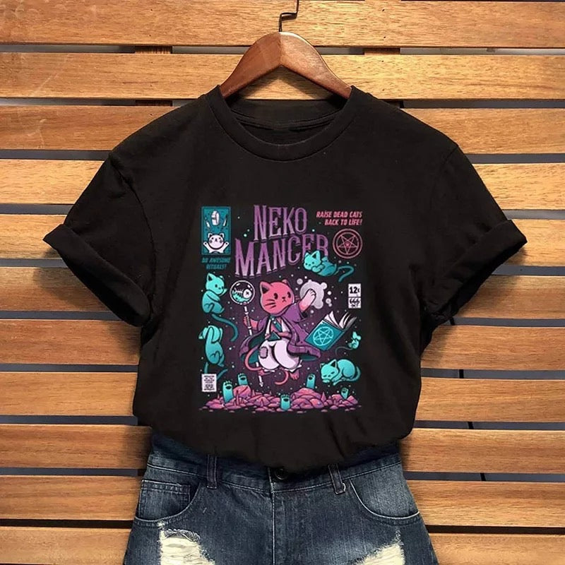 Cute Cat Kitten Neko Cartoon Print Goth Funny Short Sleeve Shirt Tee T-shirt E-Girl Kawaii Korean Japanese Harajuku Chinese Retro Streetwear Aesthetic