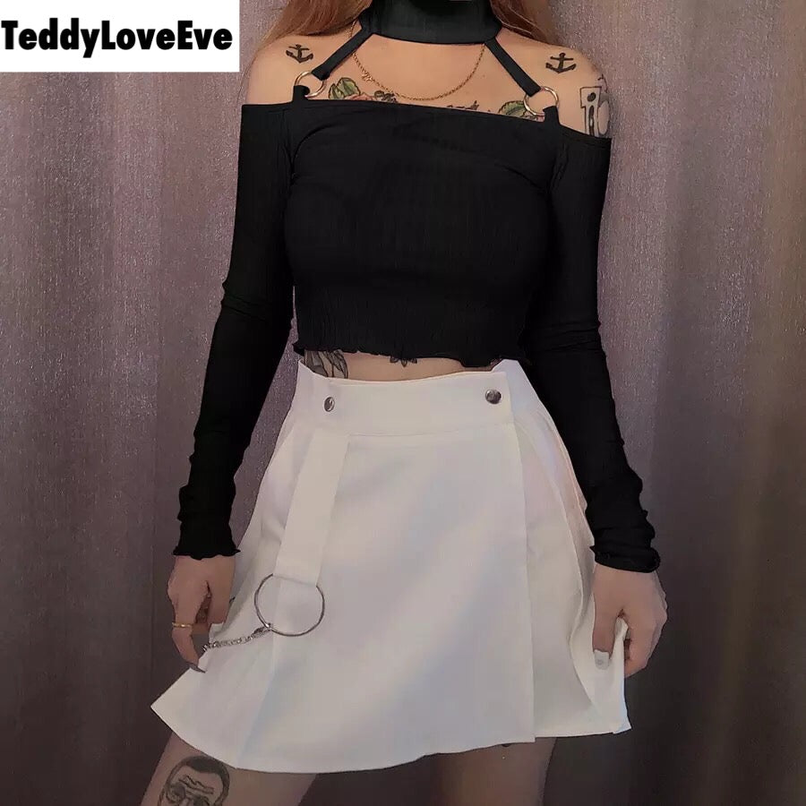 Cute Pink Strapless Ruffle Crop Top Causal Slim Long Sleeve Shirt T-shirt Top Tee E-Girl Kawaii Korean Japanese Harajuku Streetwear
