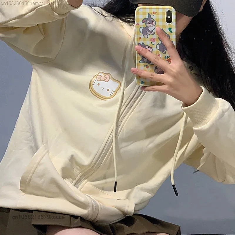 Yellow Cat Cartoon Print Zip Up Hoodie