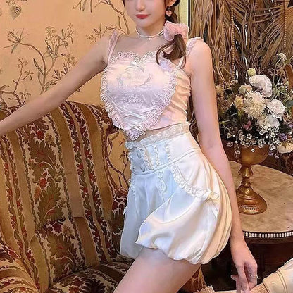 Cute Pink Lace Heart Frill Bustier Tank Crop Top Corset Summer Aesthetic Casual E-Girl Kawaii Korean Japanese Harajuku