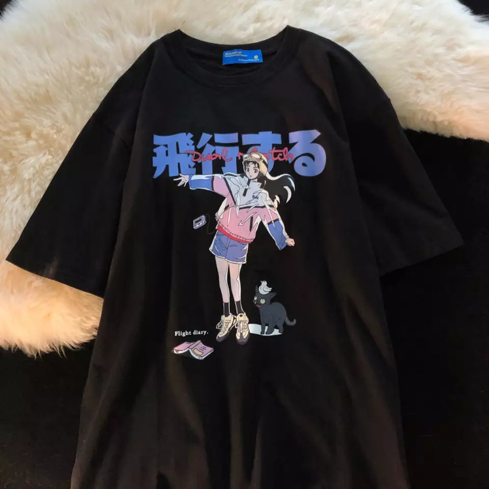 Cute White Graffiti Anime Girl Cat Cartoon Print Oversized Short Sleeve Shirt Punk Aesthetic Casual E-Girl Kawaii Korean Japanese Harajuku