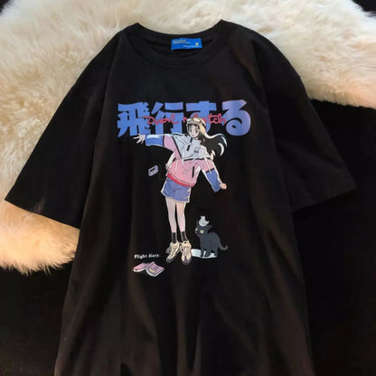 Cute White Graffiti Anime Girl Cat Cartoon Print Oversized Short Sleeve Shirt Punk Aesthetic Casual E-Girl Kawaii Korean Japanese Harajuku