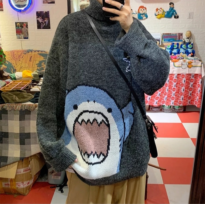 Cute Funny Shark Cartoon Knit Turtleneck Oversized Sweater Pullover Winter Aesthetic Casual Kawaii Korean Japanese Harajuku