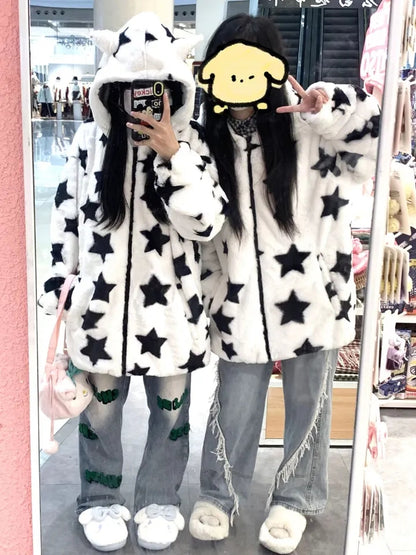 3D Star Ear Print Plush Hood Jacket