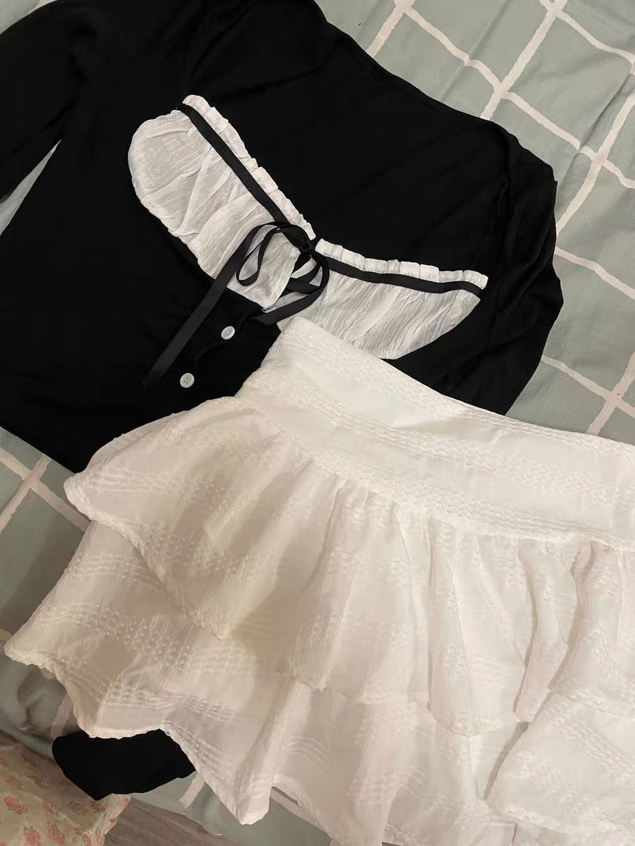2PCS Long Sleeve Square Collar Top + Mini Tierred Ruffle Skirt