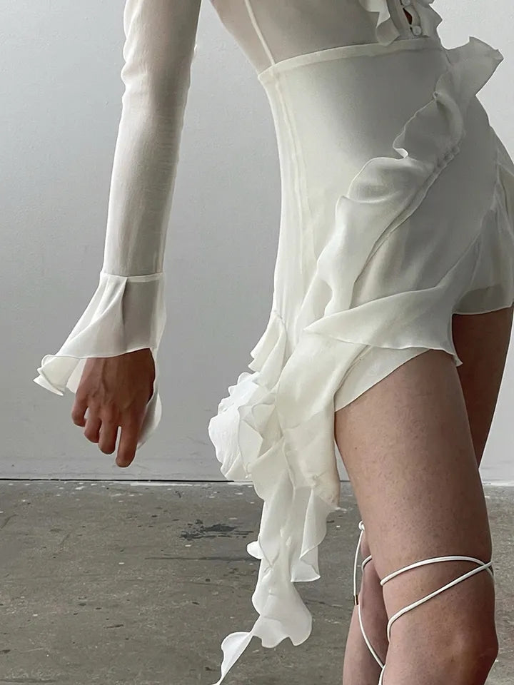 White Ruffle A-Line Chiffon Long Sleeve Flare Dress