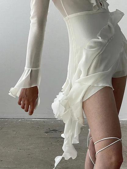 White Ruffle A-Line Chiffon Long Sleeve Flare Dress