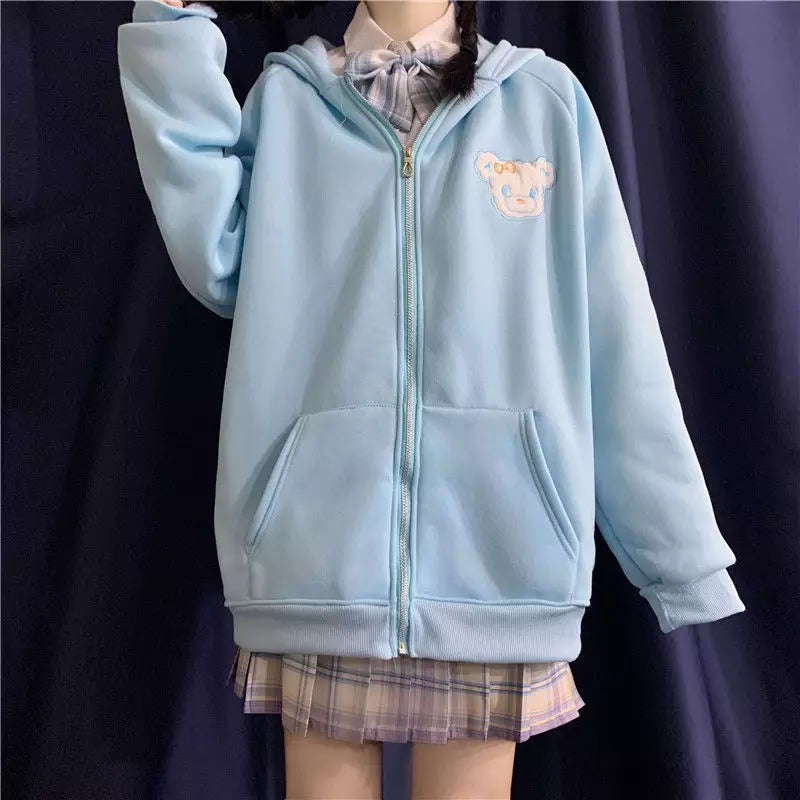 Cute Rabbit Ears Embroidery Loose Long Sleeve Sweatshirt Zip Up Hoodie Aesthetic Casual E-Girl Kawaii Korean Japanese Harajuku