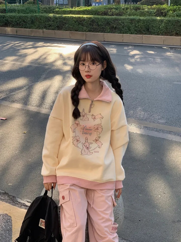 Rabbit Print Collar Zip Up Jacket