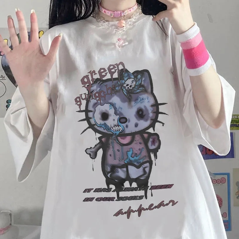Zombie Anime Cat Print Short Sleeve T-shirt