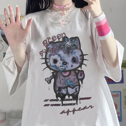 Zombie Anime Cat Print Short Sleeve T-shirt