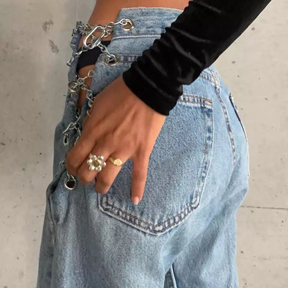 Chain High Waist Straight Denim Jeans Legs Light Blue Pants Summer Aesthetic Casual E-Girl Kawaii Korean Japanese Harajuku