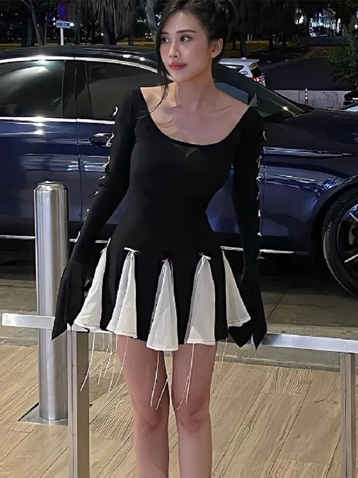 Black Lace Up Splice Fold Bodycon Dress